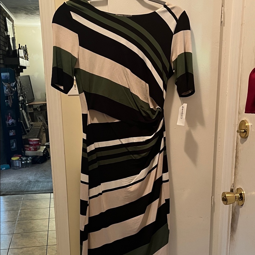 Striped Cinched Waist Midi Dress in Black, Olive & Cream
